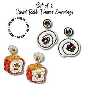 Set of 2 NEW Earrings Sushi Specialty Roll Japanese Food Glass Seed Bead & CZ